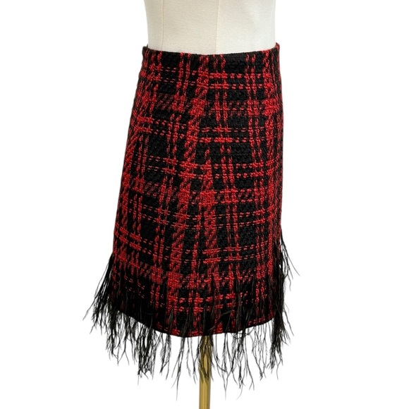 Antonio Melani Size 0 Dalia Tweed Mini Skirt Feather Fringe Hem Red Black NWT - Picture 6 of 16
